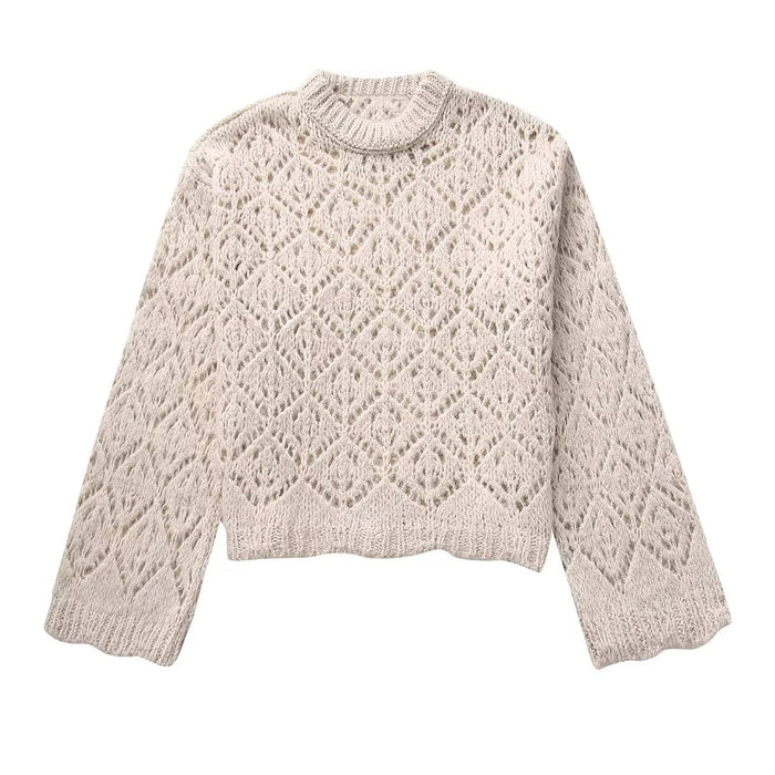 Color-Ivory-Women Clothing French Retro Minority Diamond Jacquard Hollow Out Cutout Puff Sleeve Pullover Sweater-Fancey Boutique