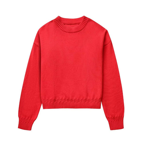 Color-Red-Fall Women Clothing All Match round Neck Long Sleeve Pullover Knitted Sweater-Fancey Boutique