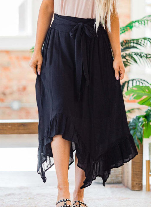 Color-Black-Washed Slub Cotton Lace Up Elastic High Waist Irregular Asymmetric Patchwork Easy Matching Casual Large Swing Skirt-Fancey Boutique