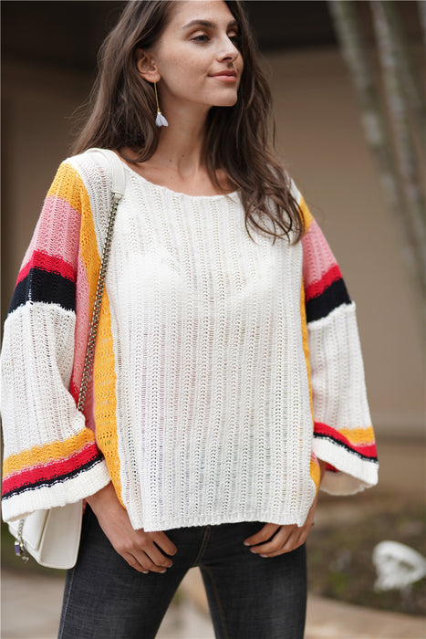 Color-White Apricot-Autumn Winter Sweater Popular Loose Patchwork Knitting Rainbow Women Top-Fancey Boutique