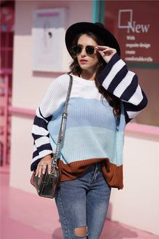 Color-Blue-Autumn Winter Women Color Splicing Knitwear Pullover Office Loose Sweater Women-Fancey Boutique