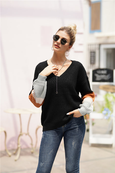 Color-Black-Autumn Winter Stitching Loose Sweater Pullover Round Neck All Matching Sweater Women-Fancey Boutique