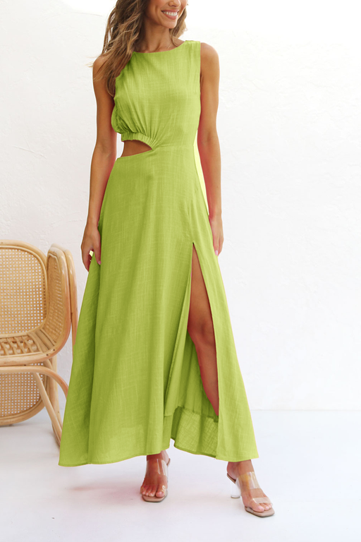 Color-Green-Ladies Summer Dress French Cropped Outfit Side Slit Large Swing Dress-Fancey Boutique