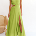 Color-Green-Ladies Summer Dress French Cropped Outfit Side Slit Large Swing Dress-Fancey Boutique