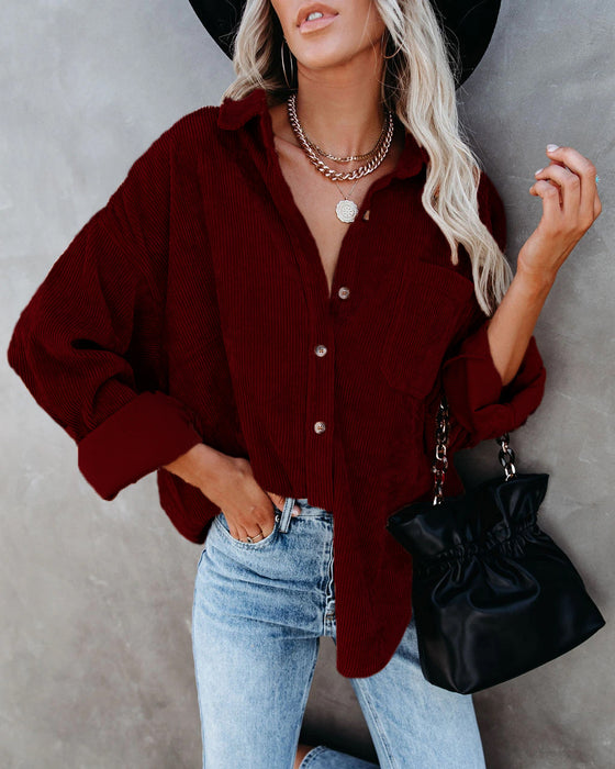 Color-Burgundy-Autumn Casual Elegant Cotton Oversized Women Shirt Sunken Stripe Coat Two Way Wear-Fancey Boutique