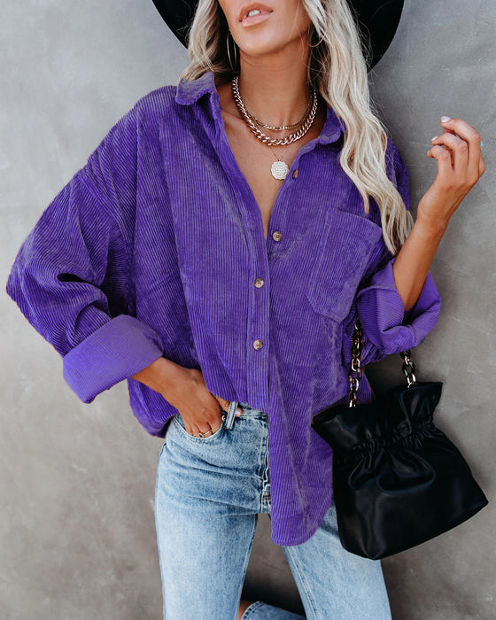 Color-Purple-Autumn Casual Elegant Cotton Oversized Women Shirt Sunken Stripe Coat Two Way Wear-Fancey Boutique