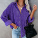 Color-Purple-Autumn Casual Elegant Cotton Oversized Women Shirt Sunken Stripe Coat Two Way Wear-Fancey Boutique
