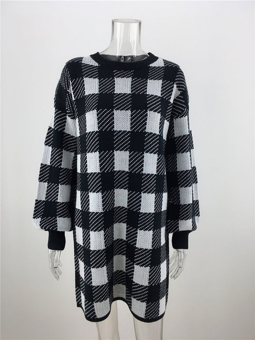 Color-Black-Autumn Winter Office Office Plaid Sweater Women Loose Sweater Pullover Women Sweater-Fancey Boutique