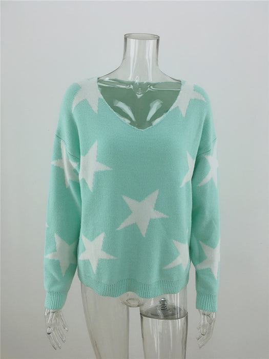 Color-Green-Autumn Winter Five Pointed Star Sweater Geometric Abstract Pullover Loose Office Office Sweater Women-Fancey Boutique