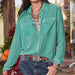 Color-Green-Early Spring Street Elegant Velvet Cardigan Long Sleeve Double Pocket Collared Slim Fit Women Shirt-Fancey Boutique