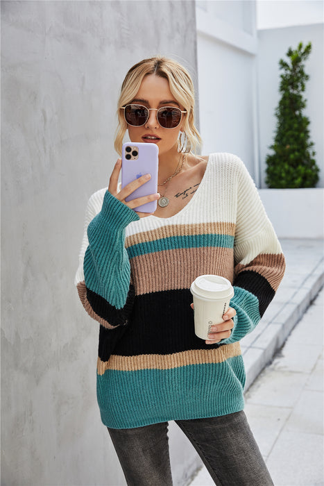 Color-Green-Autumn Winter Online Influencer Pullover Patchwork V neck plus Size Knitwear Sweater-Fancey Boutique