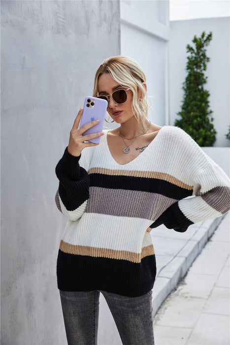 Color-Black-Autumn Winter Online Influencer Pullover Patchwork V neck plus Size Knitwear Sweater-Fancey Boutique