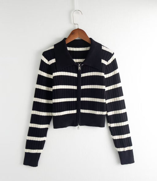 Color-Blue Black-Sexy Polo Collar Stripes Knitwear Women Autumn Winter Zipper Short Cardigan Top-Fancey Boutique