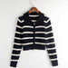 Color-Blue Black-Sexy Polo Collar Stripes Knitwear Women Autumn Winter Zipper Short Cardigan Top-Fancey Boutique