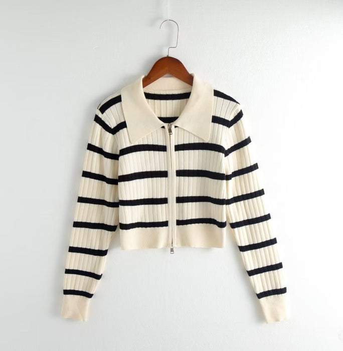 Color-White-Sexy Polo Collar Stripes Knitwear Women Autumn Winter Zipper Short Cardigan Top-Fancey Boutique