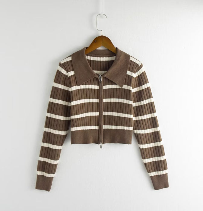 Color-camel-Sexy Polo Collar Stripes Knitwear Women Autumn Winter Zipper Short Cardigan Top-Fancey Boutique