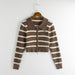 Color-camel-Sexy Polo Collar Stripes Knitwear Women Autumn Winter Zipper Short Cardigan Top-Fancey Boutique