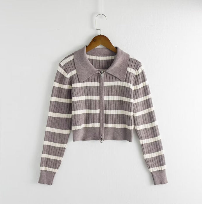 Color-Gray-Sexy Polo Collar Stripes Knitwear Women Autumn Winter Zipper Short Cardigan Top-Fancey Boutique
