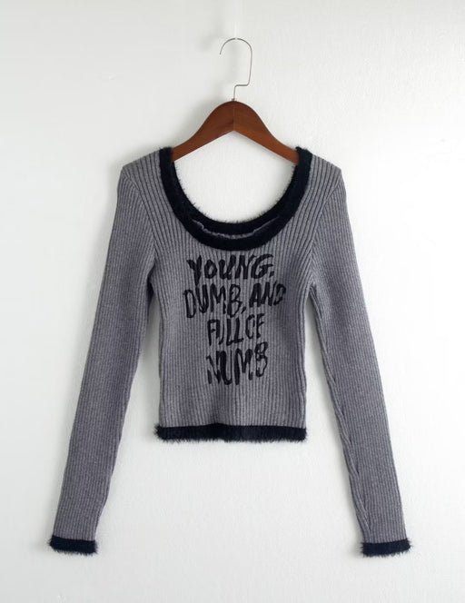 Color-Gray-Autumn Sexy Terry Scoop Contrast Color Letter Graphic Printing Knitted T shirt-Fancey Boutique