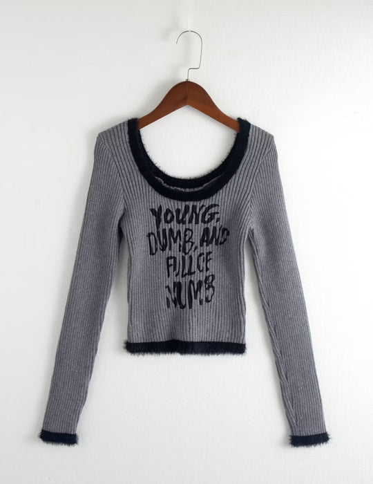 Color-Gray-Autumn Sexy Terry Scoop Contrast Color Letter Graphic Printing Knitted T shirt-Fancey Boutique