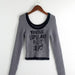 Color-Gray-Autumn Sexy Terry Scoop Contrast Color Letter Graphic Printing Knitted T shirt-Fancey Boutique