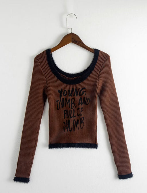 Color-Brown-Autumn Sexy Terry Scoop Contrast Color Letter Graphic Printing Knitted T shirt-Fancey Boutique