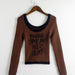 Color-Brown-Autumn Sexy Terry Scoop Contrast Color Letter Graphic Printing Knitted T shirt-Fancey Boutique