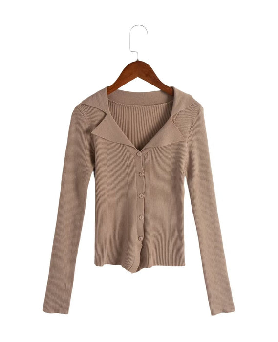 Color-Khaki-Autumn French Collared Single Breasted Autumn Winter Comfortable Slim Bottoming Shirt Long Sleeve Sweater-Fancey Boutique