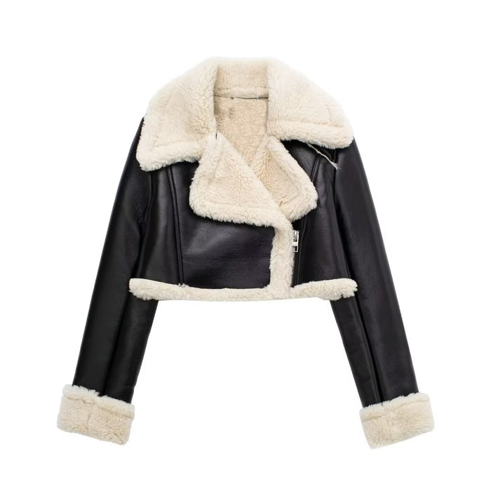 Color-Black White Fur-Autumn Winter Faux Shearling Jacket Short Street Sexy Motorcycle Clothing Coat-Fancey Boutique