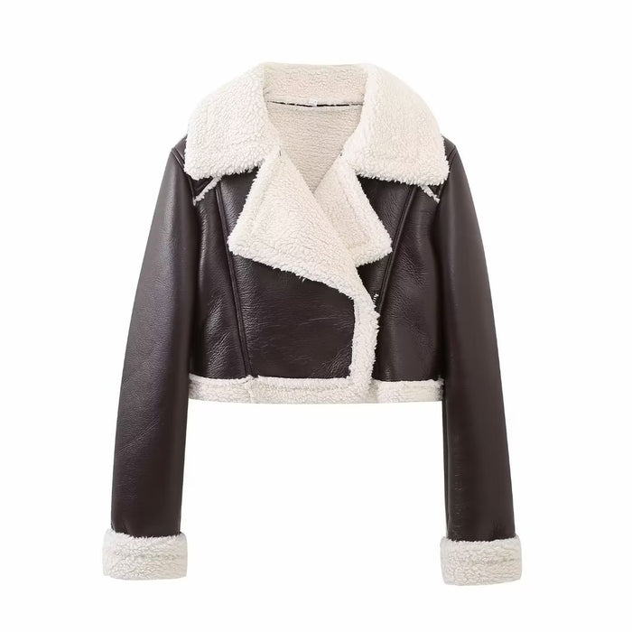 Color-Brown White Fur-Autumn Winter Faux Shearling Jacket Short Street Sexy Motorcycle Clothing Coat-Fancey Boutique