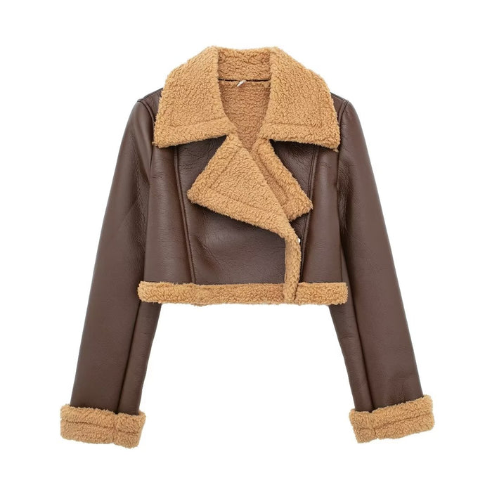 Color-Brown Brown Wool-Autumn Winter Faux Shearling Jacket Short Street Sexy Motorcycle Clothing Coat-Fancey Boutique