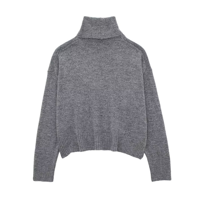 Color-Grey-Autumn Women Street Solid Color Breasted Turtleneck Sweater-Fancey Boutique