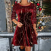 Color-Red-Autumn Winter Solid Color Round Neck Long Sleeve Sequin Stitching A line Dress Women-Fancey Boutique