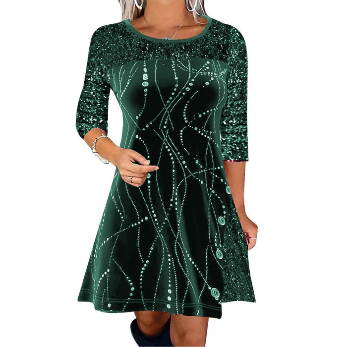 Color-Green-Autumn Winter Solid Color Round Neck Long Sleeve Sequin Stitching A line Dress Women-Fancey Boutique