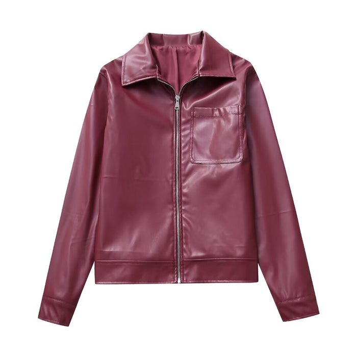 Color-Burgundy-Autumn Winter Women Leather Jacket Coat Collared Motorcycle Motorcycle Jacket-Fancey Boutique