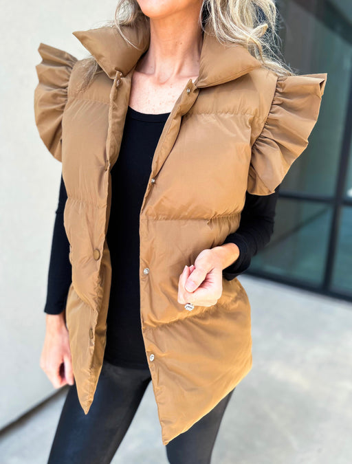 Color-camel-Ladies Autumn Winter down Jacket Casual Stand Collar Buckle Double Pocket Flying Lotus Sleeve Vest-Fancey Boutique