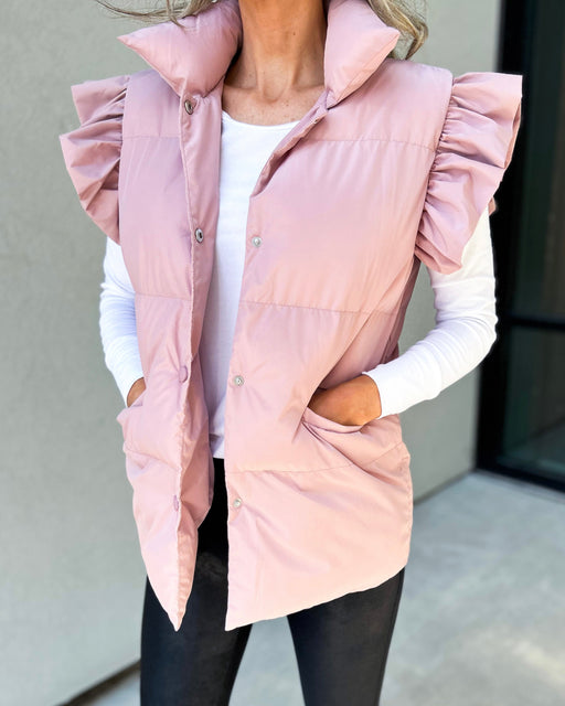 Color-Pink-Ladies Autumn Winter down Jacket Casual Stand Collar Buckle Double Pocket Flying Lotus Sleeve Vest-Fancey Boutique