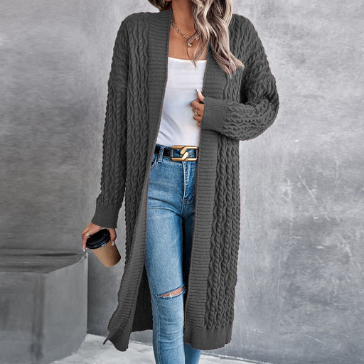 Color-Gray-Women Baggy Coat Idle Long Sweater Coat Twist Knitted Cardigan-Fancey Boutique