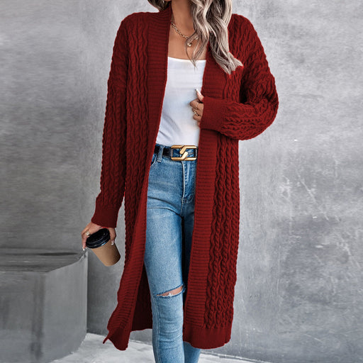 Color-Coffee-Women Baggy Coat Idle Long Sweater Coat Twist Knitted Cardigan-Fancey Boutique