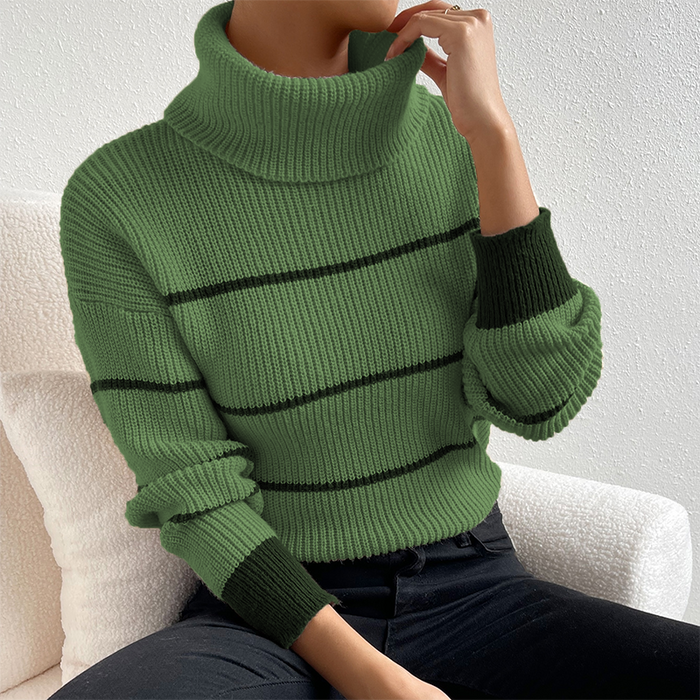 Color-Green Beans-Casual Striped Contrast Color Top High Necked All Matching Casual Sweater Loose Sweater-Fancey Boutique