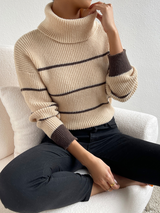Color-Apricot-Casual Striped Contrast Color Top High Necked All Matching Casual Sweater Loose Sweater-Fancey Boutique