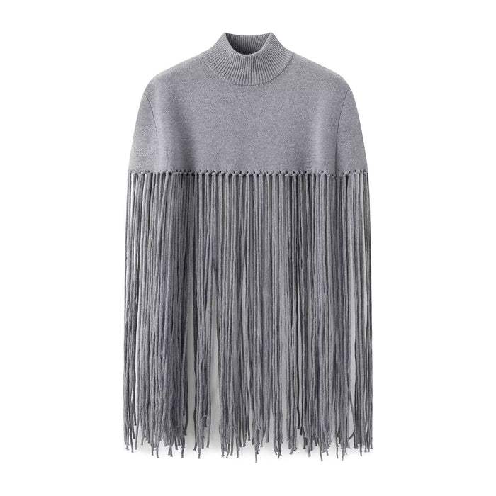 Color-Gray-Women Clothing Women All Match Solid Color Half Collar Decorated Tassel Knitted Cloak Tops-Fancey Boutique
