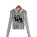 Color-Gray-Autumn Color Contrasting Stripe Alphabet Embroidery Bottoming Shirt Collared Long Sleeve Knitted Cardigan-Fancey Boutique