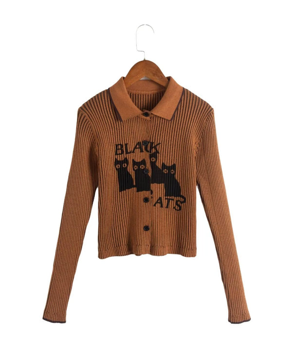 Color-Brown-Autumn Color Contrasting Stripe Alphabet Embroidery Bottoming Shirt Collared Long Sleeve Knitted Cardigan-Fancey Boutique