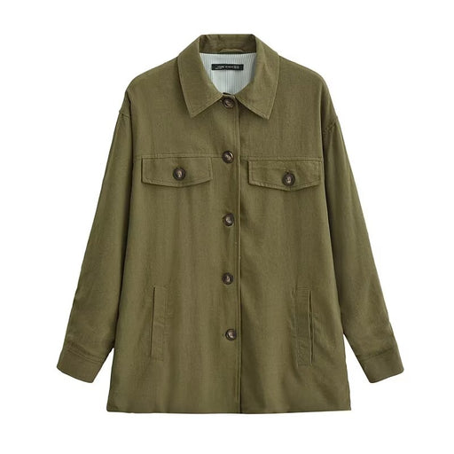 Women Autumn Polo Collar Single Breasted Long Sleeve Linen Blended Mid Length Casual Coat-Army Green-Fancey Boutique