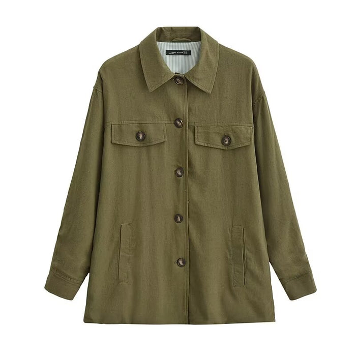 Women Autumn Polo Collar Single Breasted Long Sleeve Linen Blended Mid Length Casual Coat-Army Green-Fancey Boutique