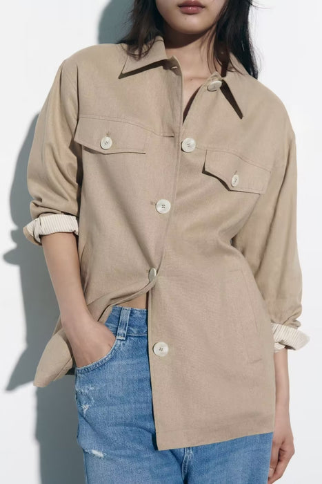 Women Autumn Polo Collar Single Breasted Long Sleeve Linen Blended Mid Length Casual Coat-Fancey Boutique