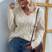 Color-Khaki-Autumn Winter Solid Color V Neck Hooded Sweater Retro Twist Sweater Women-Fancey Boutique