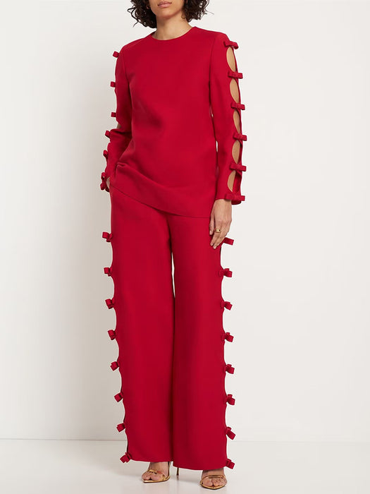 Color-Red-Personality Hollow Out Cutout out Bow Long-Sleeved Top Straight Leg Pants Suit Two Piece Set-Fancey Boutique