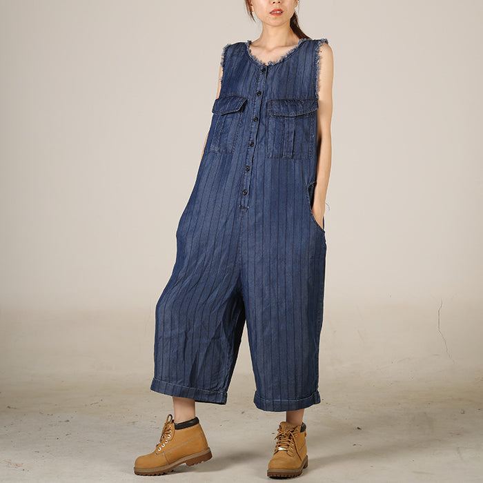 Color-Blue-Loose Jumpsuit Personality Wool Tassel Hanging Crotch Wide Leg Cropped Jeans Korean-Fancey Boutique